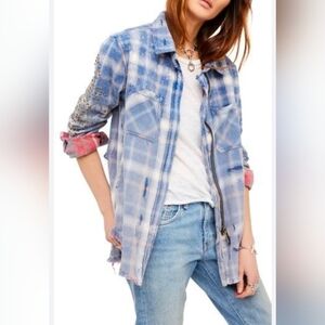 Free People Plaid Jacket with Studded Sleeves Small boho Shacket Jacket Trucker